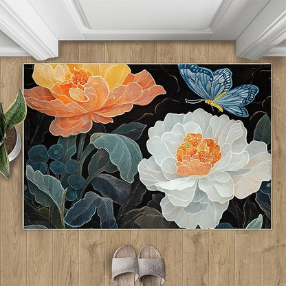Flowers 3x4 Area Rugs for Living Room Classic Petals Washable Rug Orange-Yellow Flowers Rug Non Slip Low Pile Soft Area Rugs for Bedroom Bedside Dining Room Kids