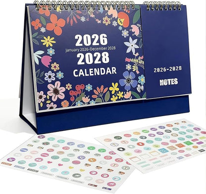 Desk Calendar Jan 2026 - Dec 2028, 10.43" x 7.3" Standing Flip 3-Year Desktop Calendar Monday Start with Memo Pad Golden Wire-Binding, Holiday Markings & 2 Sticker Sheets