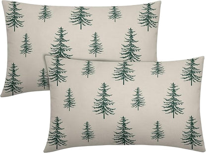 Christmas Tree Lumbar Pillow Covers 12x20 Set of 2 Green Xmas Vintage Winter Print Decorative Outdoor Linen Throw Pillows Cases Cushion Cover Rustic Holiday Decoration Farmhouse Sofa Couch Bed Decor
