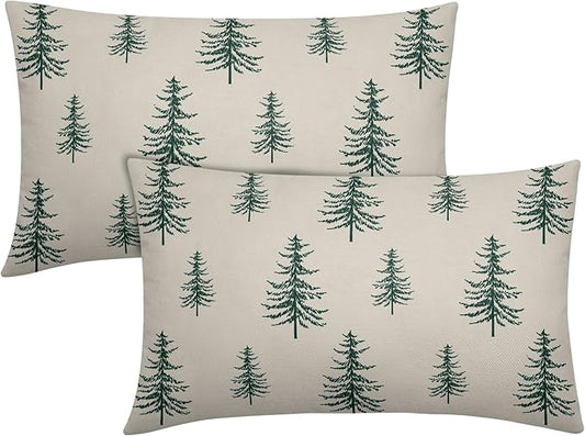Christmas Tree Lumbar Pillow Covers 12x20 Set of 2 Green Xmas Vintage Winter Print Decorative Outdoor Linen Throw Pillows Cases Cushion Cover Rustic Holiday Decoration Farmhouse Sofa Couch Bed Decor
