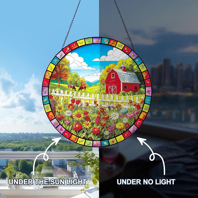 Stained Glass Window Hanging, Countryside Scenery Sun Catchers Stained Glass Panel for Indoor Windows Wall Art Decor, Birthday Gift for Mom Women Wife Men Lovers (7.87 Inch)