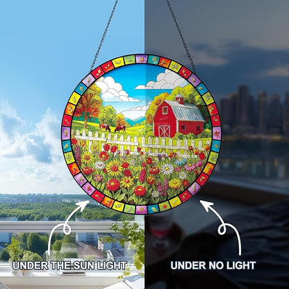 Stained Glass Window Hanging, Countryside Scenery Sun Catchers Stained Glass Panel for Indoor Windows Wall Art Decor, Birthday Gift for Mom Women Wife Men Lovers (7.87 Inch)