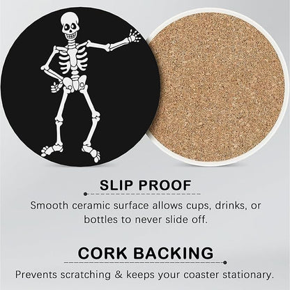 Halloween Drink Coasters for Drinks Set of 6,Skeleton Skull Absorbent Round Ceramic Stone Mat Coaster, with Cork Base and Metal Holder, Home Bar Decor House Warming Gift
