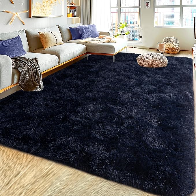 Ultra Fluffy Area Rugs for Living Room Bedroom, 6x9 Fuzzy Large Living Room Rugs, Thick Shag Rug for Dorm, Soft Non Slip Kids Girls Boys Rug for Home Decor Aesthetic, Dark Blue