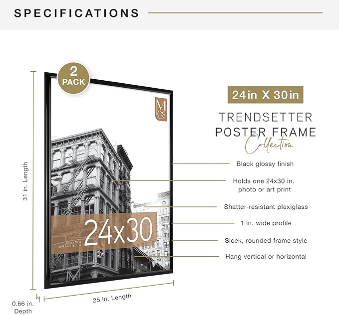 MCS Trendsetter 24x30 Poster Frame Black High-Gloss, Vertical & Horizontal Wall Hanging Large Picture Frame for Photos, Posters & Art Prints (2-Pack)