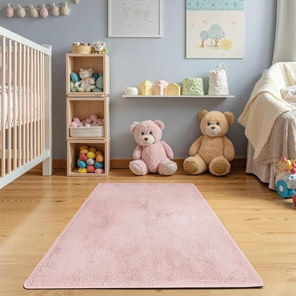 jinchan Solid Plush Area Rug 3x5 Performance Shaggy Washable Rug Indoor Soft Modern Faux Wool Cozy Non Slip Carpet for Living Room Kids Room Bedroom Dining Room Nursery Pink