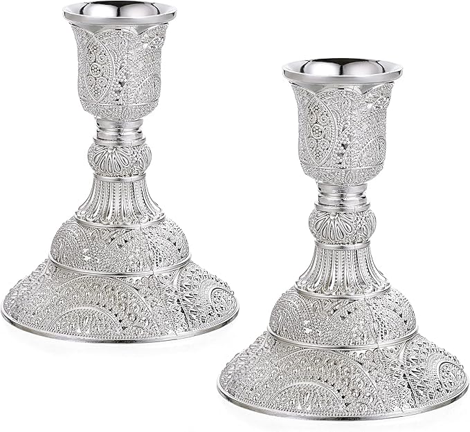 OwnMy 2PCS Brass Taper Candle Holders Candle Stick Holders Set Vintage Metal Pillar Candlestick Holders, 4”H Elegant Candle Stand Candelabra for Dining Table Centerpieces Wedding Home Decor, Silver