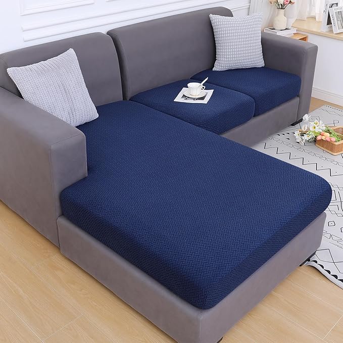 Smiry Waterproof Couch Cushion Covers, Stretch Jacquard Sectional Couch Covers, L Shape Chaise Lounge Sofa Slipcover, Washable Elastic Furniture Protector for Pets, Kid (Chaise Cover, Navy)