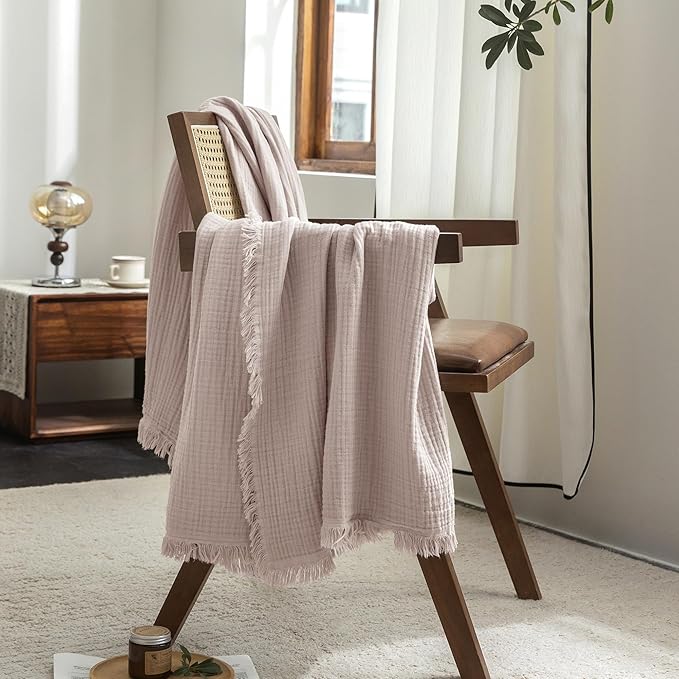 FOSSA Muslin Blanket with Fringe - 4-Layer 100% Cotton Gauze Super Soft & Breathable Throw -Lightweight Decorative Cooling Blanket for Bed, Sofa, Office (Greyish Pink, Twin XL (66" × 90"))
