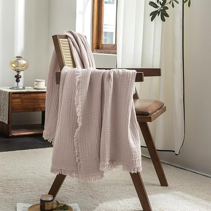 FOSSA Muslin Blanket with Fringe - 4-Layer 100% Cotton Gauze Super Soft & Breathable Throw -Lightweight Decorative Cooling Blanket for Bed, Sofa, Office (Greyish Pink, Twin XL (66" × 90"))