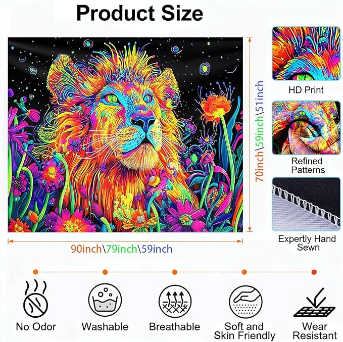 seewan Black Light Lion Tapestry, UV-Reactive Neon Galaxy Lion Wall Hanging, Psychedelic Animal Art Paired with Dreamy Floral Tapestry, Bedroom Dorm Living Room Background Decor