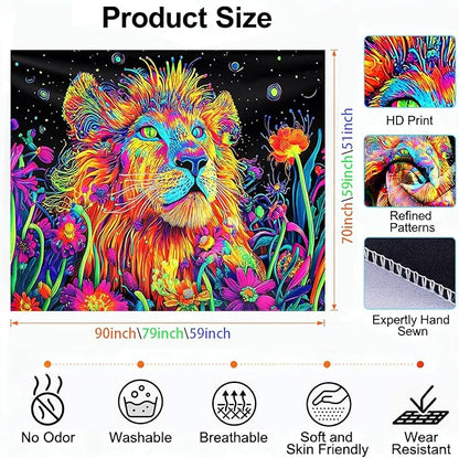 seewan Black Light Lion Tapestry, UV-Reactive Neon Galaxy Lion Wall Hanging, Psychedelic Animal Art Paired with Dreamy Floral Tapestry, Bedroom Dorm Living Room Background Decor