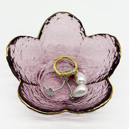 Purple Flower Ring Dish, Small Glass Jewelry Dish Tray, Ring Holder Jewlery Tray Trinket Dish, Bathroom Nightstand Decor Jewelry Bowl Christmas Friendship Birthday Gifts for Women, Soap Dish