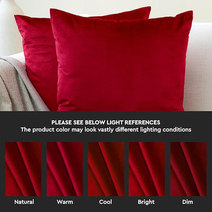 Encasa XO Velvet Throw Pillow Covers 22x22 in (55x55 cm) - Red - No Inserts, Pack of 2 Cases | Solid Plain Dyed Soft & Smooth, Square Decorative Cushion Covers for Living & Bedroom