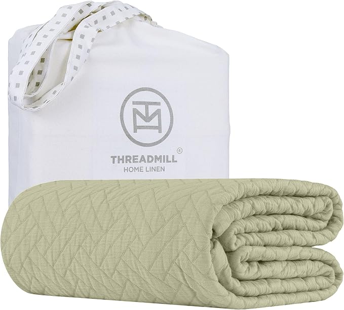 Threadmill Luxury Cotton Blankets for Twin Size Bed | All-Season 100% Cotton Twin Blanket for Bed | Criss Cross Jacquard Lightweight, Soft & Cozy Coverlet, 350GSM, 68 x 90 inches | Sage Green