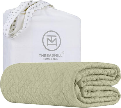 Threadmill Luxury Cotton Blankets for Twin Size Bed | All-Season 100% Cotton Twin Blanket for Bed | Criss Cross Jacquard Lightweight, Soft & Cozy Coverlet, 350GSM, 68 x 90 inches | Sage Green