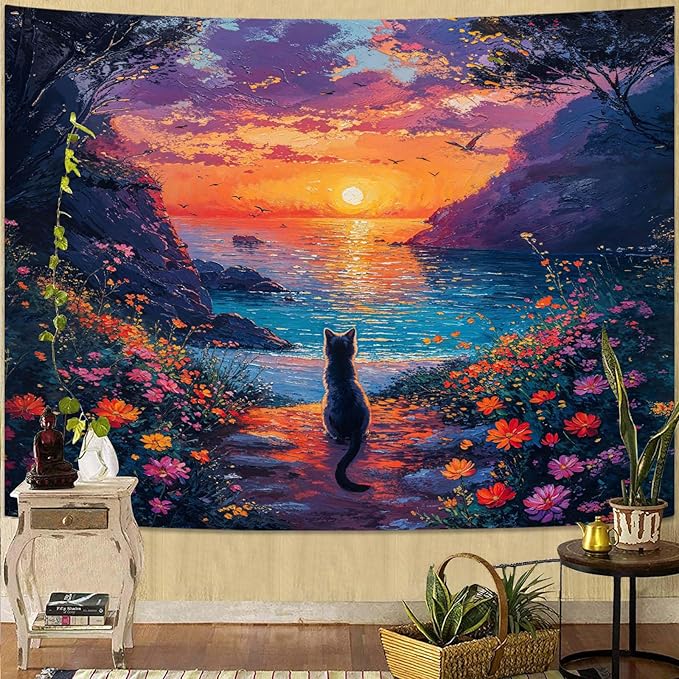 kampdream Landscape Tapestry, Scenery Art Wall Tapestries, Nature Wall Decor for Bedroom Living Room Backdrop Sunset Cat 44×60 inches