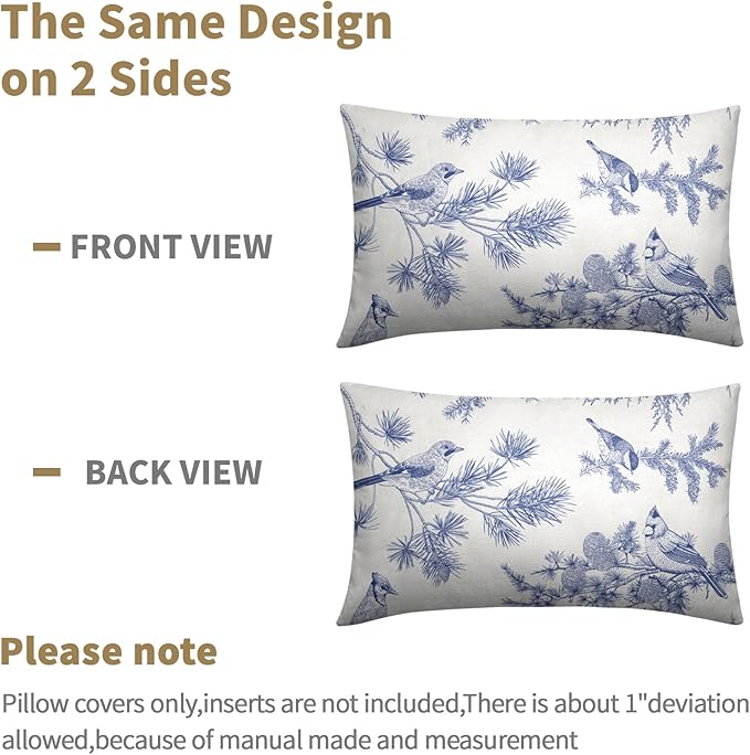 White Blue Bird Pillow Covers 12x20 Set of 2 Decorations Chinoiserie Vintage Throw Pillow Covers Decor Rustic Pillowcases Oriental Pattern Farmhouse Cozy Soft for Sofa Bed Chair Home Decorative