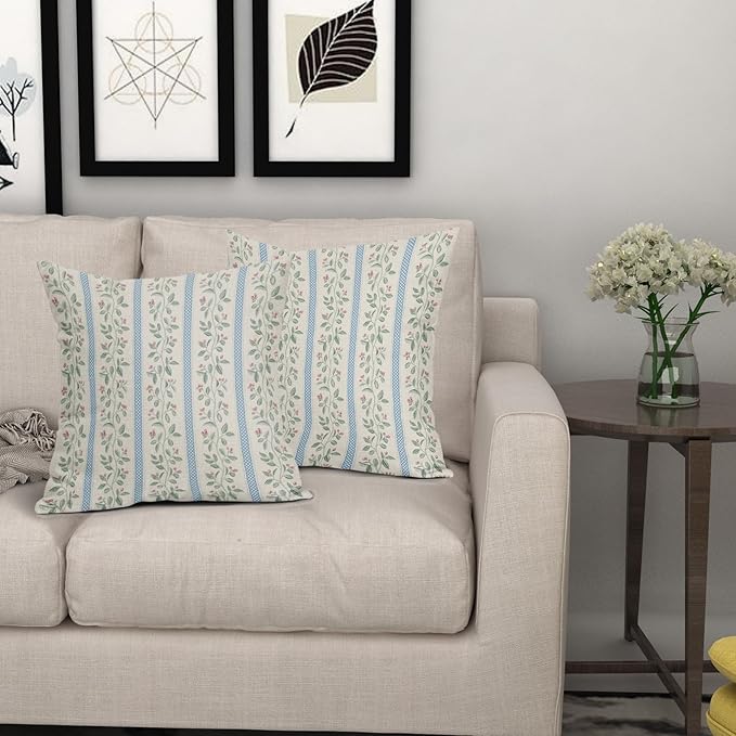 Vintage Floral Pillow Covers 18x18 Set of 2 Striped Boho Decor Blue Green Pillowcases Summer Printed Grand Millenial Throw Pillow Covers with Zipper Soft Cozy for Sofa Bed Chair Home Decoration