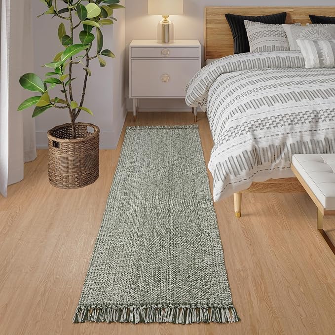 Collive Boho Runners for Hallways 2x7 ft, Washable Kitchen Runner Rug Low-Profile Neutral Indoor Entryway Rug, Olive Green/Cream Braided Cotton Floor Carpet for Laundry Room Bedroom Doorway