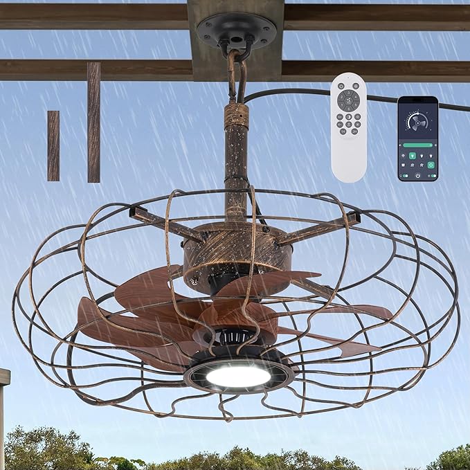 20" Outdoor Ceiling Fan with Light, with Remote and App Remote, IP65 Waterproof Gazebo Hanging Fan, 3CCT Dimmable, Portable Plug in Ceiling Fan with Cord Hook for Patio Porch Pergola (Antique Bronze)
