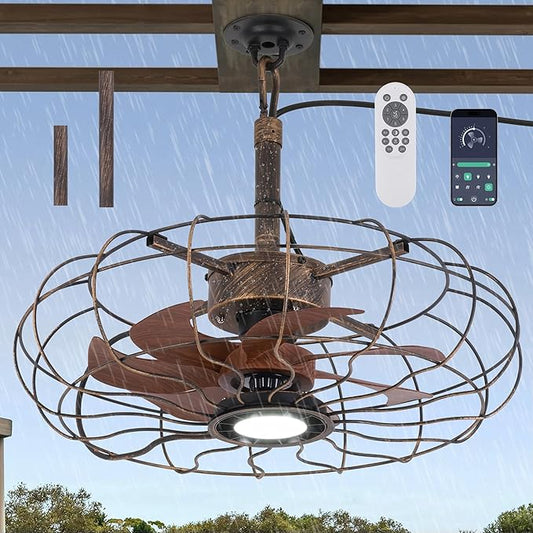 20" Outdoor Ceiling Fan with Light, with Remote and App Remote, IP65 Waterproof Gazebo Hanging Fan, 3CCT Dimmable, Portable Plug in Ceiling Fan with Cord Hook for Patio Porch Pergola (Antique Bronze)