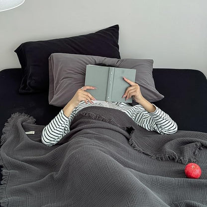 MorroMorn 100% Cotton Queen Size Bed Blanket 80"x90" Muslin Blanket with Fringes, 4-Layer Gauze Blankets for Adult, Boho Bedding Breathable Lightweight Ultra-Soft for All Seasons, Dark Grey