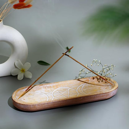 Hand Carved Incense Holder-Incense Burner/Ash Catcher/Handmade Wooden Insence Tray – Modern Gift Home/Room/Kitchen Décor Size 11x4x1.5 Inches