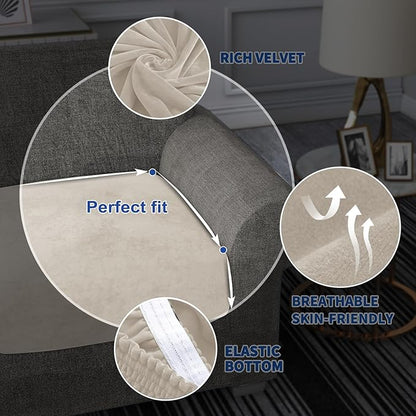 MAXIJIN Velvet Stretch Cushion Cover Fitted Couch Cushion Slipcovers 1 Pack Arm Chair Seat Cushion Cover for Individual Cushion Sofa Chair with Elastic Bottom (Chair Cushion, Khaki)