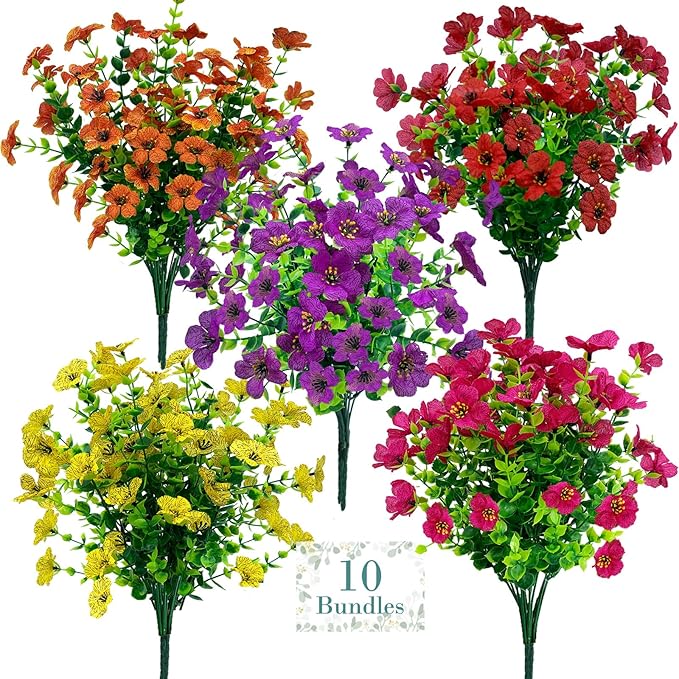 Artificial Fall Flowers for Outdoors, UV Resistant Fake Silk Flowers No Maintenance for Outside,Faux Mums Eucalyptus Plants for Porch Patio Garden Planter Box Home Autumn Outdoor Decor(10pcs)