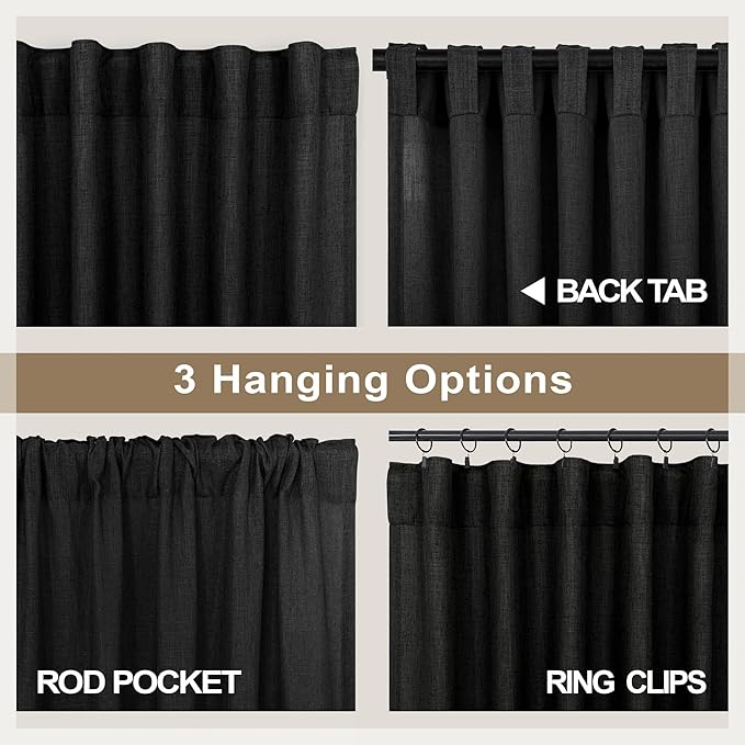 Pitalk Black Linen Curtains 63 Inch Length for Boys Bedroom 2 Panels Back Tab Rod Pocket Short Black Stylish Closet Curtains for Nursery Room Playhouse Canopy Bed Teen Girls Decoration 52x63