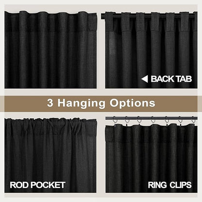 Pitalk Black Linen Curtains 63 Inch Length for Boys Bedroom 2 Panels Back Tab Rod Pocket Short Black Stylish Closet Curtains for Nursery Room Playhouse Canopy Bed Teen Girls Decoration 52x63