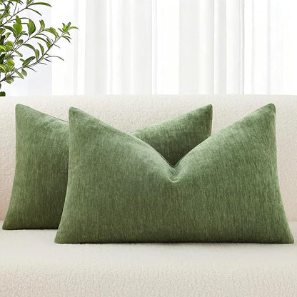 decorUhome Chenille Olive Green Throw Pillow Covers 12x20 Inch Set of 2, Decorative Soft Couch Pillow Covers Solid Dyed Accent Velvet Farmhouse Neutral Rectangle Pillow Cases for Sofa Bed Living Room