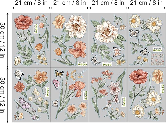 Watercolor Boho Flowers Wall Decals Wildflower Butterfly Garden Wall Stickers Removable Wall Art Decor for Living Room Bedroom