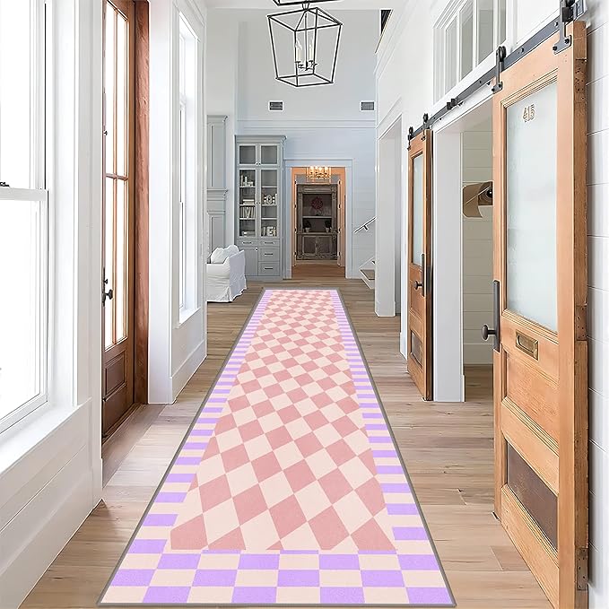 Pink Checkered Long Hallway Rug Runners, 2x7ft, Cute Girly Purple Geometric Design Bedroom Carpets for Girls, Fade Resistant Durable Pet Friendly Easy Clean Carpet for Indoor Porch