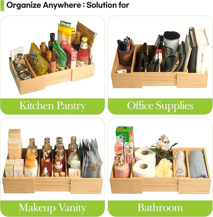 Expandable Kitchen Cabinet Organizer for Food Storage Container Lids, Bamboo Drawer Caddy Adjustable Dividers, Box for Kitchen Storage and Organization, Lids Organizer for Cabinet (Natural)