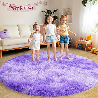 Round Fluffy Rugs 4Ft for Girls Bedroom, Tie-Dyed Purple Shag Circle Kids Rug Non-Slip for Bedside Dorm Nursery Playroom, Soft Cute Area Rugs for Living Room Decor