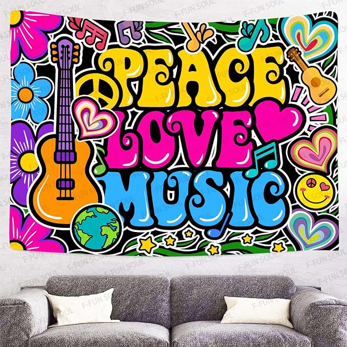 F-FUN SOUL Peace Love Tapestry Groovy Tapestry, 40x30inches, 70s Music Tapestries Psychedelic Art Tapestries Wall Hanging for Bedroom Living Room Decor Banner