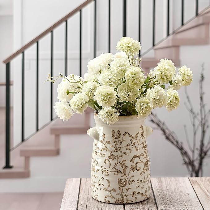 SIDUCAL Ceramic Rustic Vase with 2-Ear, 7.6 Inch Ice Cracked Vintage Pastoral Vase, Rustic Farmhouse Vases for Home Decor, Table, Living Room, Shelf Decor, Chinoiserie Decor, Brown Floral Pattern