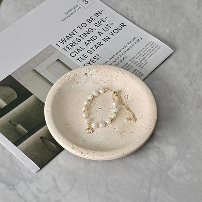 ZSHAWN Natural Beige Travertine Ring Dish Jewelry Tray – 5.5" Trinket Dish for Rings Earrings Necklace, Scratch-Resistant Vanity Organizer, Elegant Gift for Women
