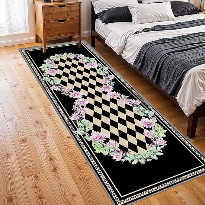 Vintage Farmhouse Checkered Hallway Carpet, 4x10ft, Elegant Floral Flower Checkerboard Indoor Throw Rugs, Absorbent Washable Foldable No Crease High Traffic Mat for Laundryroom Floor