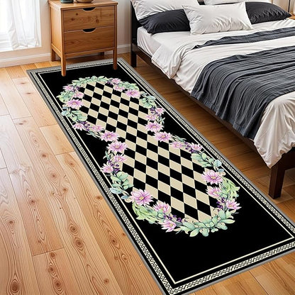 Vintage Farmhouse Checkered Hallway Carpet, 4x12ft, Elegant Floral Flower Checkerboard Indoor Throw Rugs, Absorbent Washable Foldable No Crease High Traffic Mat for Laundryroom Floor