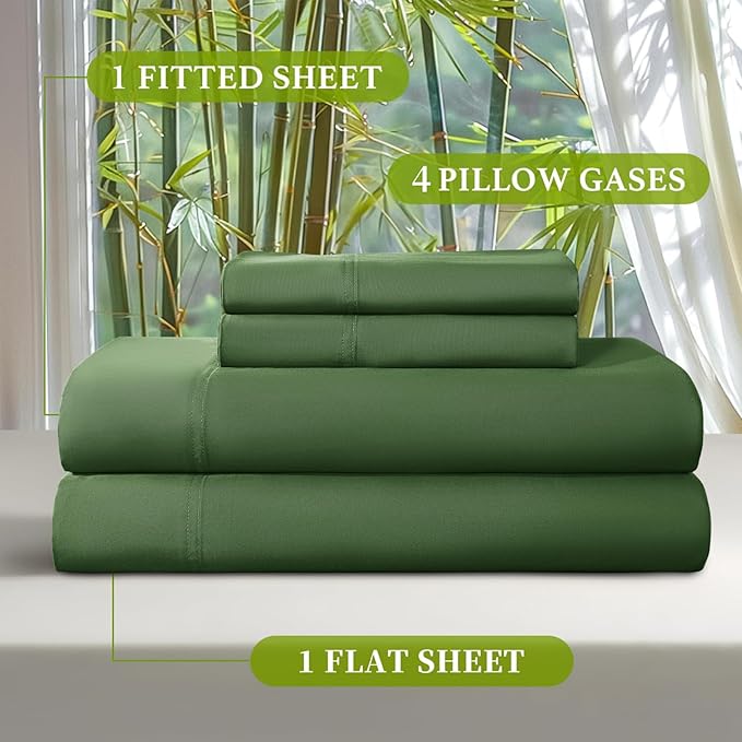 Shilucheng 100% Viscose Derived from Bamboo_ Sheets Queen Size 6pcs - Ultra Cooling & Silky Soft Bed Sheets, 16" Deep Pocket, Perfect for Hot Sleepers, Hotel Bedding Sheets (Olive)