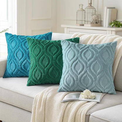 decorUhome Spring Throw Pillow Covers 18x18 Inch Set of 2, Soft Plush Faux Wool Aqua Solid Couch Pillow Covers, Accent Farmhouse Neutral Square Pillow Cases for Sofa Bed Living Room