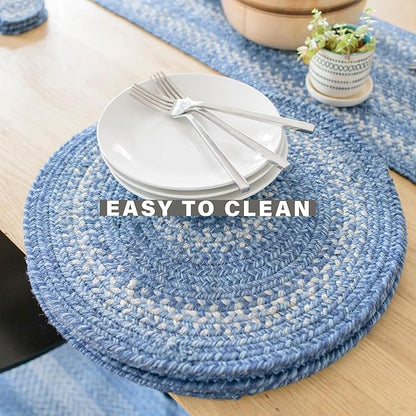 Homespice Denim Jute Woven Placemats, Country Coastal Decor, Set of 4, Blue 13x19 Rectangle Table Mats - Vibrant Colors, Durable, Easy to Clean and Protects Furniture