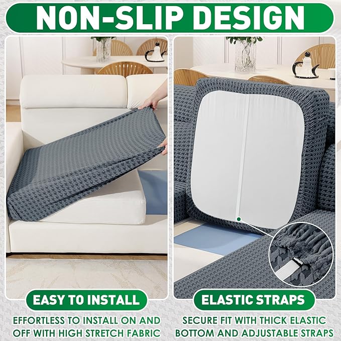MAXIJIN Couch Cushion Covers for Sectional Sofa, Stretch Sofa Cushion Cover Washable Furniture Protector with Elastic Bottom & Non-Slip Strap for Pets Kids (1PC Chaise Cover, Dark Gray)