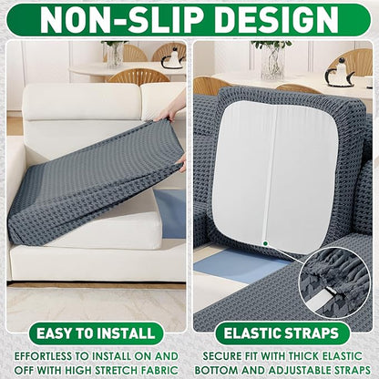 MAXIJIN Couch Cushion Covers for Sectional Sofa, Stretch Sofa Cushion Cover Washable Furniture Protector with Elastic Bottom & Non-Slip Strap for Pets Kids (1PC Chaise Cover, Dark Gray)
