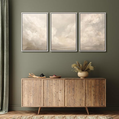 MUDECOR Framed Wall Art Print Set Neutral Cloudscape Soft Beige Abstract Sky Illustrations Modern Art Boho Decorative Colorful Chic for Living Room, Bedroom, Office - 24"x36"x3 White