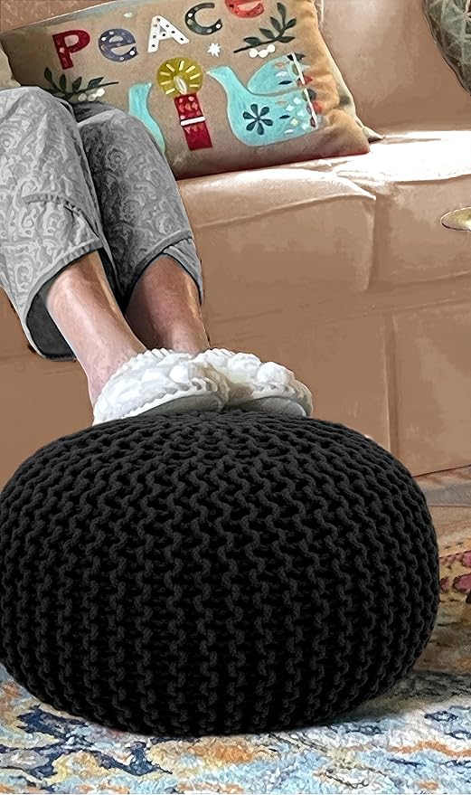 COTTON CRAFT Round Pouf - Hand Knitted Cotton Braid Cord Cable Dori Floor Pouf - Foot Stool Ottoman Footrest Accent Seat Furniture Bean Bag - Living Room Kids Room Nursery Dorm Décor - 20x14 - Black