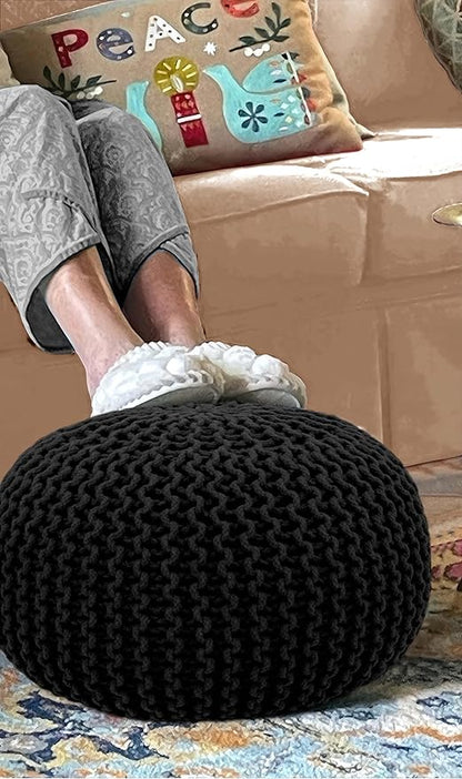 COTTON CRAFT Round Pouf - Hand Knitted Cotton Braid Cord Cable Dori Floor Pouf - Foot Stool Ottoman Footrest Accent Seat Furniture Bean Bag - Living Room Kids Room Nursery Dorm Décor - 20x14 - Black